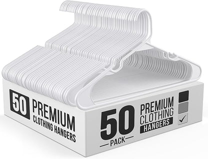 Our Modern Space 50 Pack Adult Plastic Hanger for Shirt Pants Coats Dresses Skirts Suits Jackets - Standard Thick Coat Hanger - Sturdy & Durable Design with Shoulder Grooves Hook - White