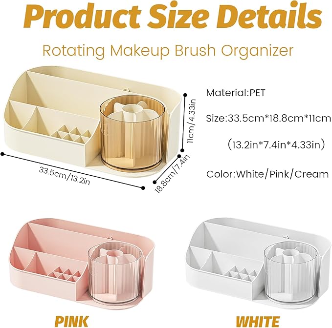 DASITON Large Capacity Makeup Organizer with 360° Rotating Makeup Brush Holder, Perfume and Skincare Storage Organizers for Vanity Bathroom Countertop, Cosmetic Display Case (Cream, 1 Tier)