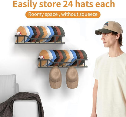 Natural Wood Hat Racks for Baseball Caps Peaked Caps Wall Hat Organizer Fit 40 Caps Holder, 2 Packs Sturdy Wall Mounted Snapback Storage Organizer, Black