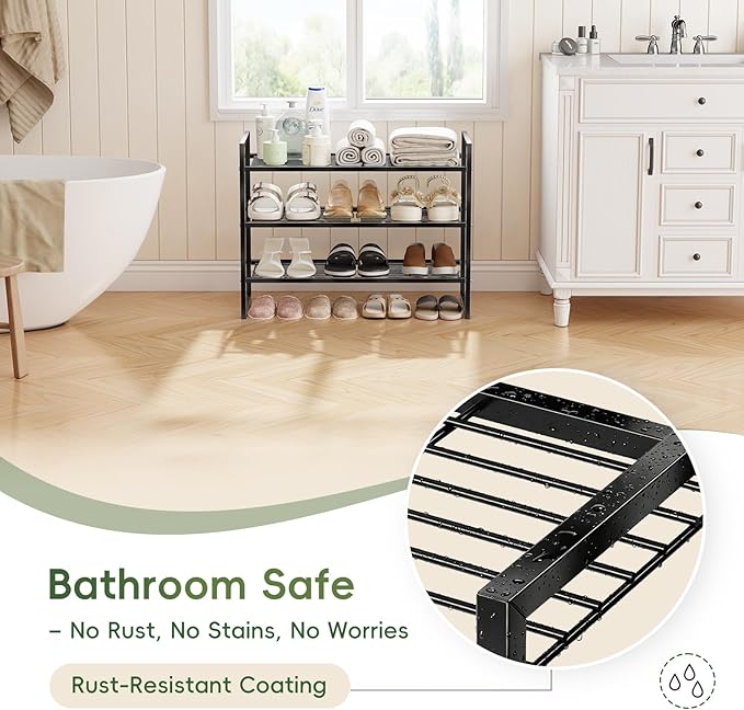 3 Tier Shoe Rack 27" Wide, Metal Frame Shoe Organizer for Front Door Entrance, Stackable Shoes Storage Shelf for Entryway, Closet, Black