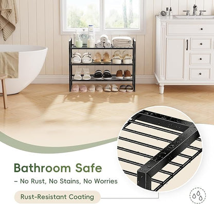 3 Tier Shoe Rack 27" Wide, Metal Frame Shoe Organizer for Front Door Entrance, Stackable Shoes Storage Shelf for Entryway, Closet, Black