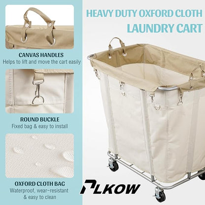 PLKOW Laundry Cart with Wheels 320L Large Rolling Laundry Cart for Commercial/Home, Rolling Laundry Basket with Steel Frame and Waterproof Lining, 9 Bushel, 32.3L x 19.7W x 30.7H Inch, Beige
