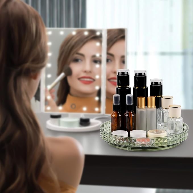 360 Clear Rotating Makeup Organize for Vanity,1 Tier Lazy Susan with Diamond Pattern, Large-Capacity Skincare Organizers Cosmetic Display Case Organizer for Dresser (Vintage Green, 1Tier)