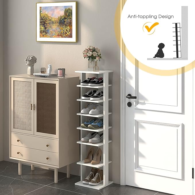 Giantex 8-Tier Vertical Shoe Rack, Patented Corner Shoe Storage Organizer for 8 Pairs, Freestanding Narrow Shoe Rack, Morden Space-Saving Shoe Tower for Entryway, Living Room, Bedroom (White, Single)