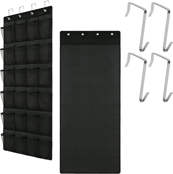 Over the Door Shoe Organizer, 24 Large Breathable Mesh Pockets, Space Saving Hanging Storage, Holds Up to 40 lbs, Hangs on Closets for Shoes, Accessories, Black