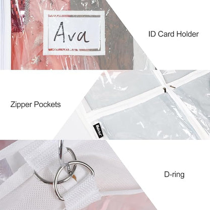 Univivi Clear PVC Dance Costume Garment Bag 40 Inch Hanging Garment Bag for Dance for Kids, with 4 Medium Clear Zipper Pockets and 1 Large Back Zippered Pocket (5 Pack)