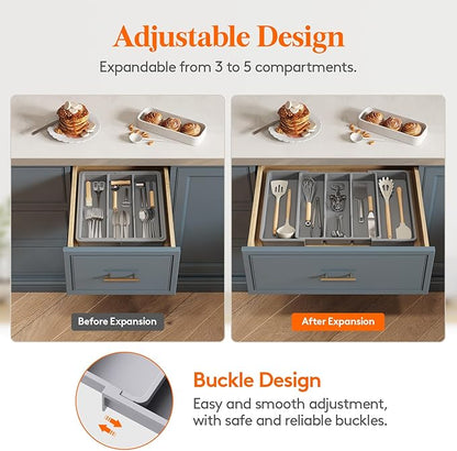 Lifewit Utensil Organizer for Kitchen Drawers, Expandable Cooking Utensil Tray, Adjustable Cutlery Silverware Flatware Holder, Plastic Spatula Tools Storage Divider, 13-22 x 15", Gray