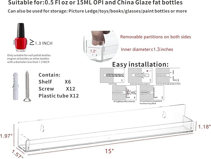 SuoXing 15 Inch 6 Pack Nail Polish Racks For The Wall,Holds Up to 72 Paint Bottles Acrylic Nail Polish Organizer and Nail Polish Wall Rack for Nail Salon