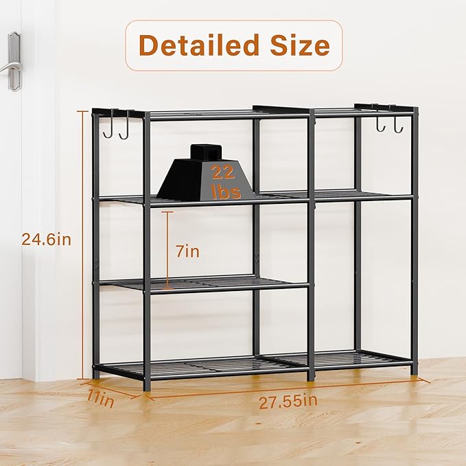 4-Tier Metal Shoe Rack for Entryway Closet, Heavy Duty Metal Shoe Organizer Storage Shelf with Tall Boot Space, Space Saving Free Standing Shoe Tower for Garage Bedroom Hallway, Black