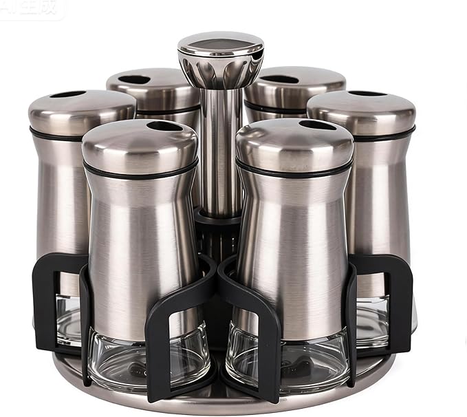 360° Rotating Spice Rack，Spice Rack Organizer for Cabinet - Includes 6pcs Glass Spice Jars and Labels,Spice Storage, Cooking, Outdoor BBQ,(Spices Not Included) (Modern)