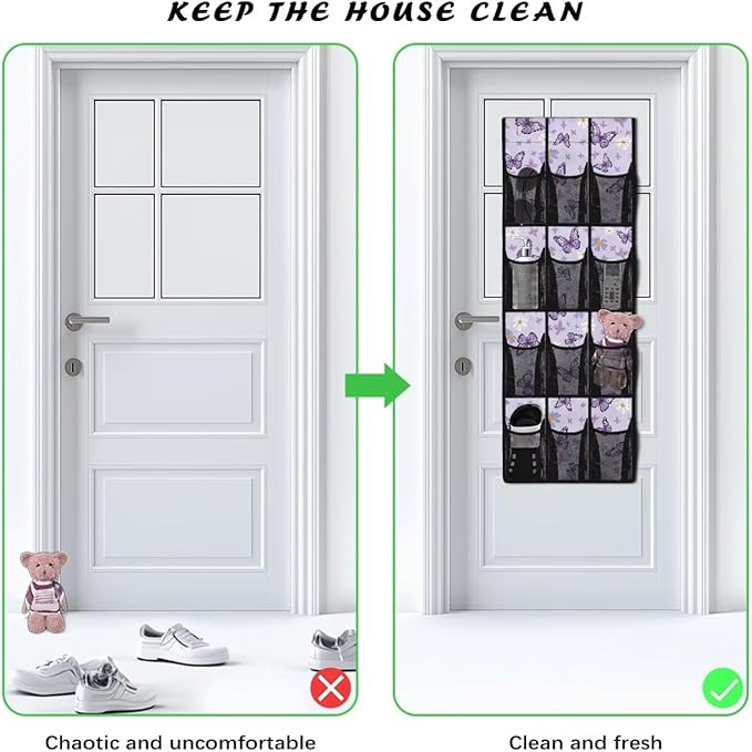Butterfly Daisy Over the Door Shoe Organizer 12 Large Pockets Hanging Shoe Rack for Closet Organizers and Storage Sturdy Oxford Fabric Shoe Hanger