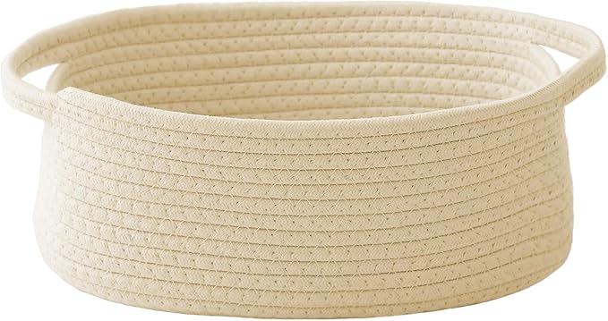 JMvicyroam Woven Basket,Small Rope Storage Bin with Handles & Ribbon Bag, Organizer for Shelves Closets,Gift Basket Empty for Birthday,Books,Dog Toys,Beige