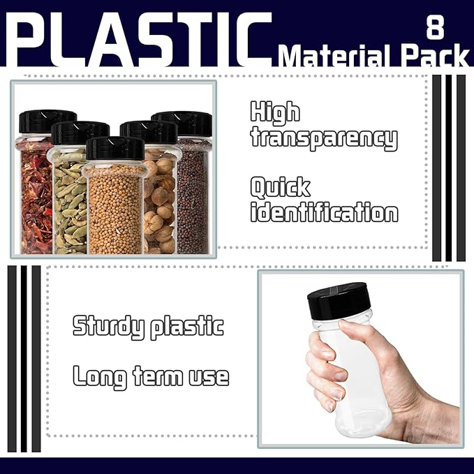 8 Pack 5.5 Oz Plastic Round Spice Bottles with Black Shaker Lids,Reusable Seasoning Containers Jars,Clear Plastic Bottle Containers with Shaker Lids for Powders,Spice,Herbs,Glitters