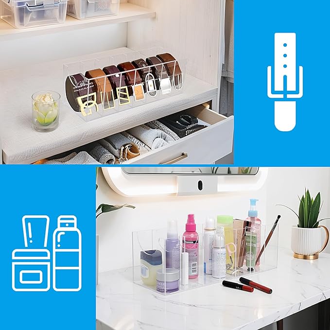 Belt Organizer, Belt Storage Box with 7 Compartments, Acrylic Belt Storage Holder for The Closet, Clear Belt Display Case for Closet Tie,Bow Tie and Watch Jewelry
