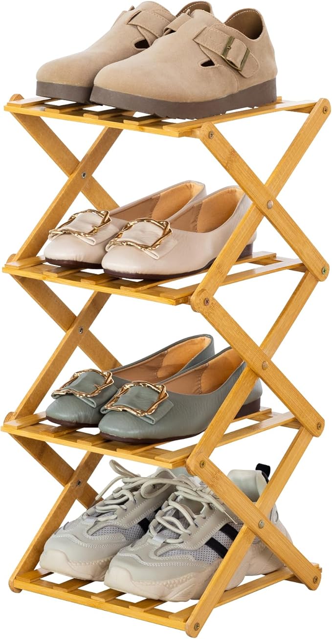 4-Tier Bamboo Small Shoe Rack Compact Foldable Free Standing Shoes Organizer for Front Door Entrance Garage Corridor Entryway and Living Room, Narrow Space-Saving Shoe Shelf, Natural