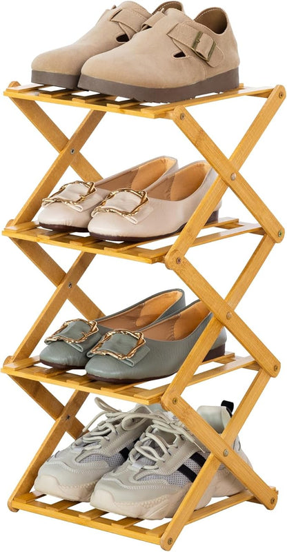 4-Tier Bamboo Small Shoe Rack Compact Foldable Free Standing Shoes Organizer for Front Door Entrance Garage Corridor Entryway and Living Room, Narrow Space-Saving Shoe Shelf, Natural