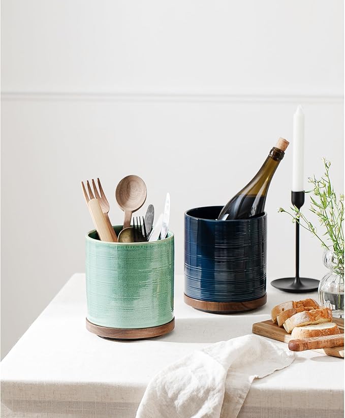Utensil Holder, 360° Rotating Extra Large Ceramic Kitchen Utensil Holder for Countertop, 7.3“ Cooking Utensil Crocks for Kitchen Counter with Rotatable Wooden Base, Farmhouse Decor, Forest Green