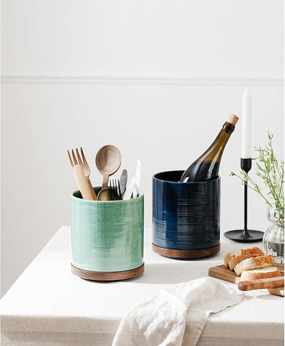 Utensil Holder, 360° Rotating Extra Large Ceramic Kitchen Utensil Holder for Countertop, 7.3“ Cooking Utensil Crocks for Kitchen Counter with Rotatable Wooden Base, Farmhouse Decor, Forest Green