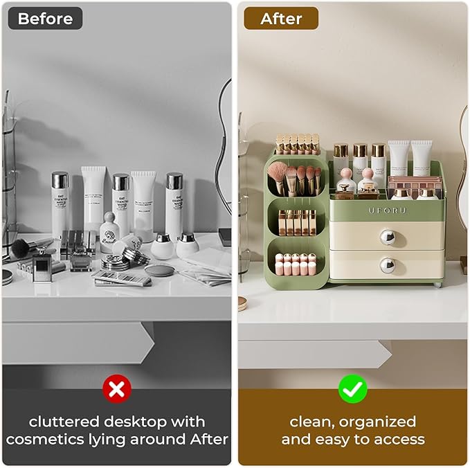 Makeup Organizer for Vanity with Brush Holder, Large Capacity Bathroom Countertop Skincare Organizer with 2 Drawers, Cosmetic Display Case for Perfumes, Eyeshadow Palettes, Nail Polishes