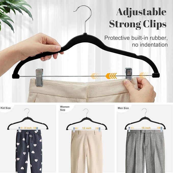 HOUSE DAY Velvet Skirt Hangers 12 Pack, Black Velvet Pant Hangers with Adjustable Clips, Space Saving Slim Shorts Hanger, Heavy Duty Non Slip Clip Hanger for Pants, Skirts, Shorts