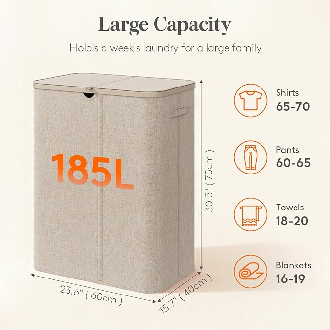 Lifewit 185L Large 3 Section Laundry Hamper with Lid, Plastic Laundry Basket with Bamboo Handles and Removable Bags, Tall Foldable Clothes Hamper for Bathroom Bedroom, Beige