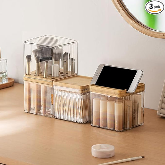 3-Pack Makeup Organizer Set with Lids, Makeup Brush Holder Containers, Cosmetic Display Case, Bathroom Vanity Counter Storage for Eyeliners Lip Liners Qtips Sponges Cotton Pad