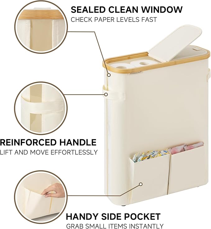 StorageWorks Toilet Paper Storage Baskets with Dual Flip Lids, Toilet Paper Organizer for Bathroom, Toilet Paper Container with Side Pocket, Holds 15 Mega or 20 Regular Rolls, Large, Beige