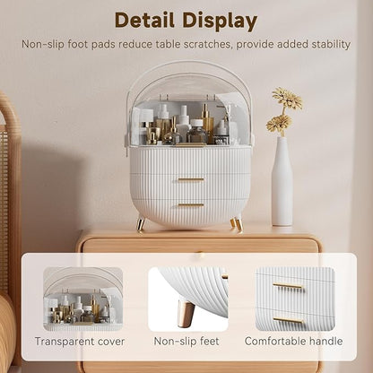 BTGGG Makeup Organizers, Make Up Organizer for Vanity, Countertop Cosmetic Storage with Drawers and Transparent Cover for Bedroom Bathroom, White