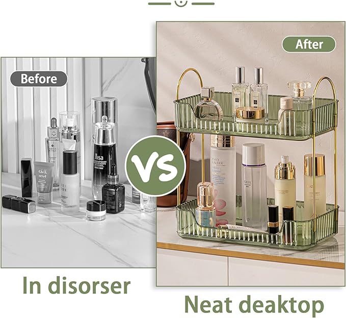 shuang qing Bathroom Counter Organizer Countertop Storage, Cosmetics Skincare Shelf, Makeup Organizer Perfume for Dresser Vanity Tray, Spice Rack for Kitchen(2 Tier-Green)