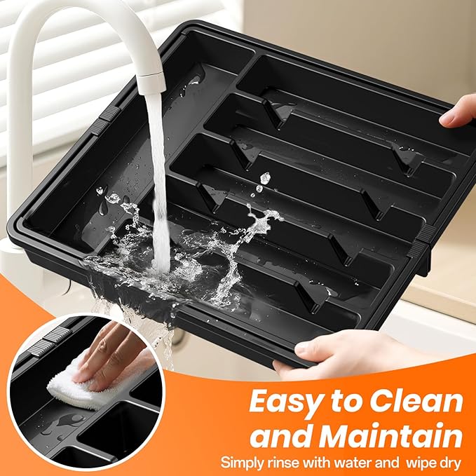 RoomHacks Large Silverware Organizer,Expandable Utensil Drawer Organizer,BPA Free Utensil Holder,Adjustable Silverware Tray Cutlery Drawer Organizer for Kitchen Flatware,Large,Black (6-8 Slots)