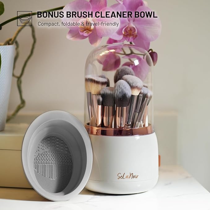 Rotating Makeup Brush Holder with Lid – Dustproof Vanity Organizer for Makeup Brushes, Bonus Foldable Makeup Brush Cleaner Bowl Included, Elegant White Storage Solution