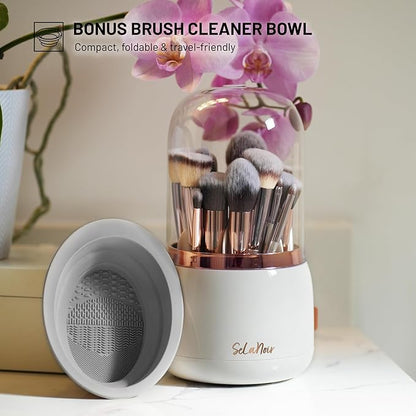 Rotating Makeup Brush Holder with Lid – Dustproof Vanity Organizer for Makeup Brushes, Bonus Foldable Makeup Brush Cleaner Bowl Included, Elegant White Storage Solution