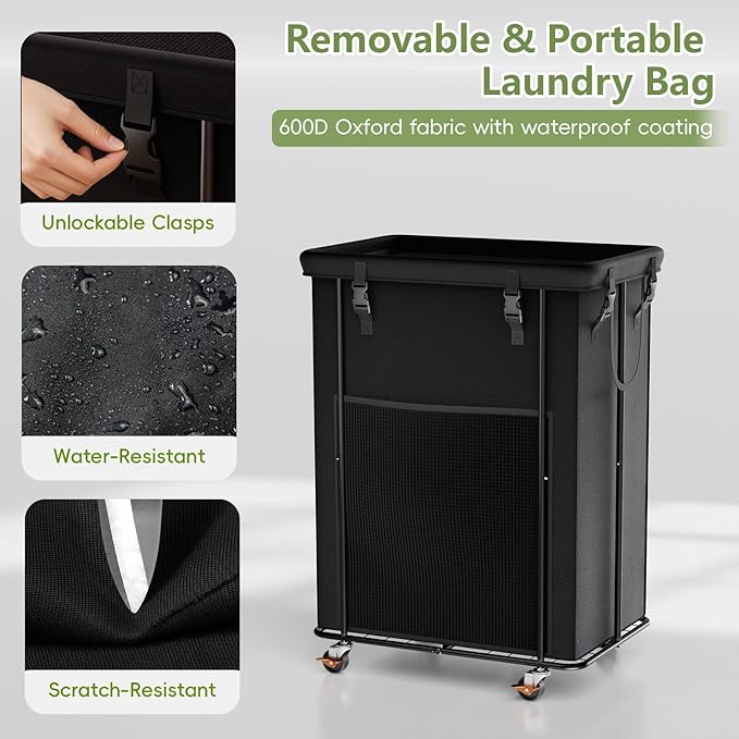 200L Laundry Hamper with Wheels, Rolling Laundry Basket with Metal Frame and Removable Bag, Large & Tall Dirty Clothes Hampers for Bedroom Aesthetic, Laundry Room, Bathroom, Dorm-Black