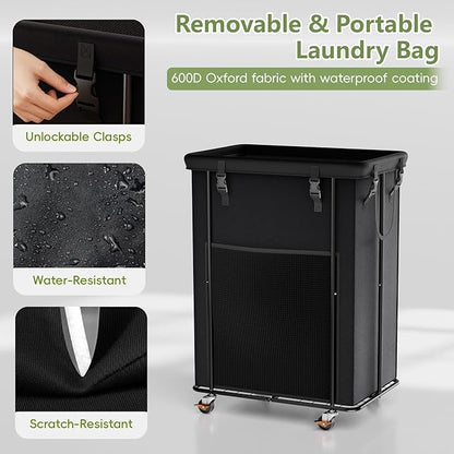 200L Laundry Hamper with Wheels, Rolling Laundry Basket with Metal Frame and Removable Bag, Large & Tall Dirty Clothes Hampers for Bedroom Aesthetic, Laundry Room, Bathroom, Dorm-Black