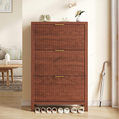 YOMILUVE Shoe Cabinet Storage for Entryway, Fluted Shoe Cabinet with 3 Flip Drawers, Hidden Shoe Rack Tall Freestanding Shoe Organizer with Legs for Hallway, Walnut