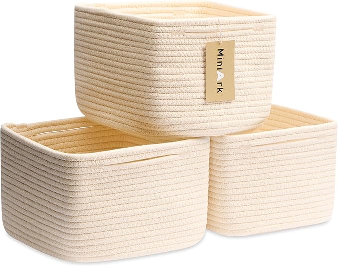 MiniArk Small Organizing Baskets for Cubes Shelf, 9.7x9.7x7.1 Inch Rope Woven Storage Bins for Nursery Shelves Storage, Cute Toy Basket, Square 3 Packs Beige