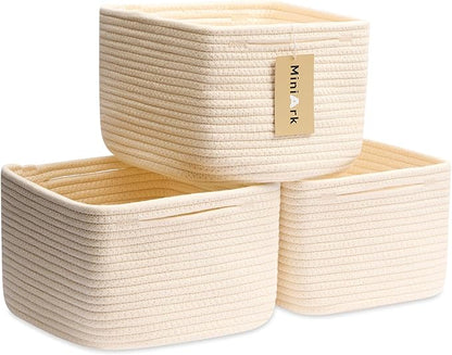MiniArk Small Organizing Baskets for Cubes Shelf, 9.7x9.7x7.1 Inch Rope Woven Storage Bins for Nursery Shelves Storage, Cute Toy Basket, Square 3 Packs Beige