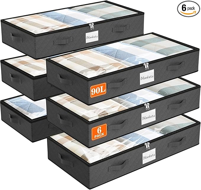 SpaceWhisper 90L Under Bed Storage Containers, 6-Pack Storage Bins with Clear Top, Foldable Closet Organizers and Storage with Label Holder for Clothing, Blankets, Comforter & Pillows (Grey)