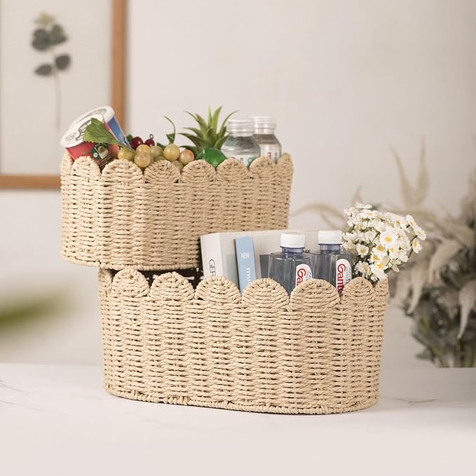 Set of 2 Scalloped Basket, Wicker Storage Baskets, Hand Woven Baskets for Shelves,Natural Baskets for Organizing (Ellipse-16"L x 10"W x 7"H)