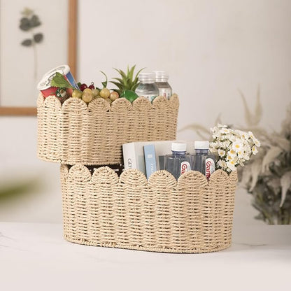 Set of 2 Scalloped Basket, Wicker Storage Baskets, Hand Woven Baskets for Shelves,Natural Baskets for Organizing (Ellipse-16"L x 10"W x 7"H)