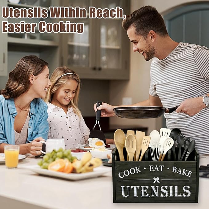 Wooden Kitchen Utensil Holder for Counter, 3 Compartments Utensil Caddy for Knife Spoon Fork Cooking Spatula, Rustic Silverware Organizer for Countertop Flatware Cutlery Storage, Farmhouse Decor