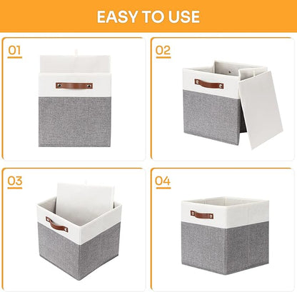 DULLEMELO Storage Cubes 12 inch, Collapsible Sturdy Cube Storage Bins With Handles for Organizing,Fabric Storage Baskets for Shelves Nursery Closet Home Organization and Storage (White&Grey-4 Pack)