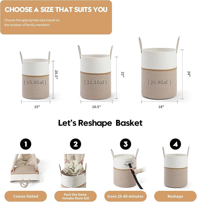 Laundry Basket Hamper Tall Rope Storage Woven for Blanket toys Dirty Clothes in Living Room Bathroom Bedroom (Blend White & Camel, 60L/15.8Gal)