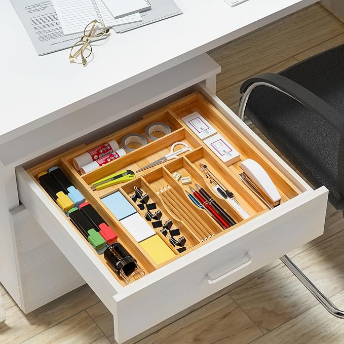 Utensil Organizer Silverware Tray For Drawer - Expandable Silverware Organizer Bamboo Flatware Organizer for Kitchen Utensils and Cutlery, Living Room Storage Box W13.5"-19.9" x L17.6" (Yellow)