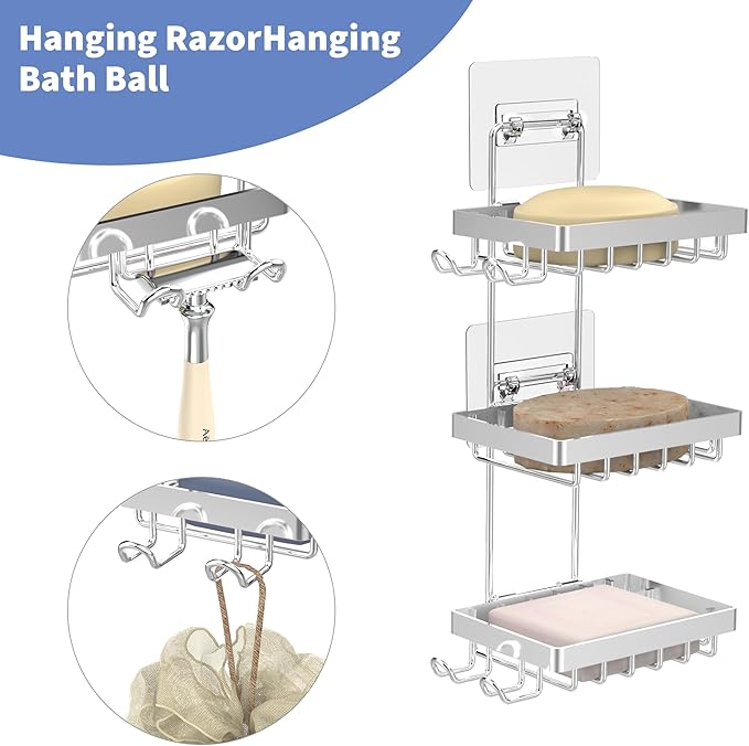 Moforoco Silver Soap Dish Holder for Shower Wall, No Drilling, 3-Tier 304 Rustproof Stainless Steel, Soap Bar Holder with 4 Hooks, Shampoo Bar Holder for Shower Caddy for Bathroom