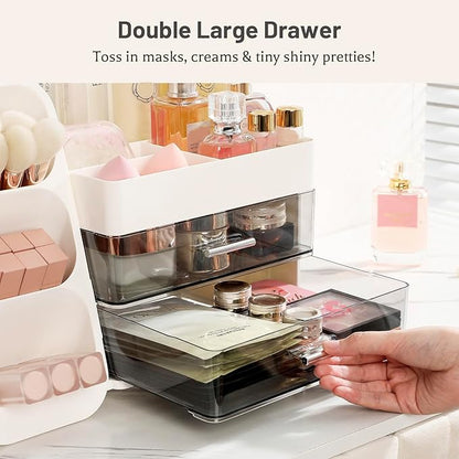 Aveniee Makeup Organizer with Drawers for Vanity, Big Cosmetic Display Case with Makeup Brush Holder, Bathroom Coutertop Organizers and Storage for Skincare Beauty Essentials (White)