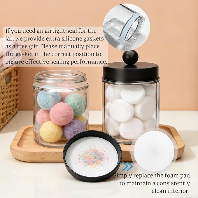 Accguan Apothecary Jars Bathroom Vanity Storage Organizer Set, Glass Countertop Canisters with Stainless Steel Lids, Qtip Holder for Cotton Swabs, Makeup Sponges, Flossers, 6 Pack