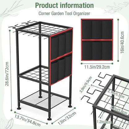 Garden Tool Organizer,Metal Yard Tool Organizer ,Holds 50 Long-Handled Tools/Rakes/Brooms,Side Garden Pocket ,Heavy Duty Steel Yard Tool Storage Rack for Garage,Shed, Outdoor