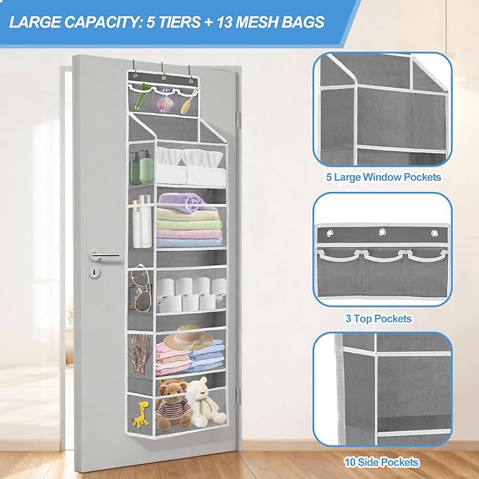 Over the Door Organizer with 5 Large Pockets, 5+3 Tiers Shelf Hanging Door Organizer, Adjustable Hanging Closet Organizer with Side 10 Mesh Pockets Heavy-Duty Non-Woven Fabric Fit Toys Shoes Diapers