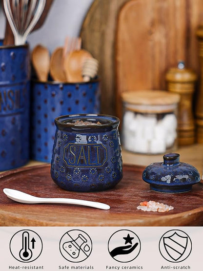 Salt & Pepper Bowl with Lid and Spoon, 10 OZ Ceramic Spices Cellar for Kitchen Counter top, Farmhouse Kitchen Decor (Vntage Blue, 4.3" Label Salt)